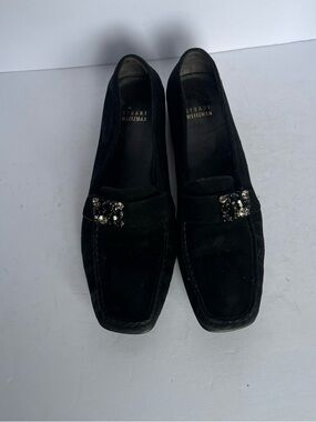 Stuart Weitzman Black Suede Loafers with Crystal Buckle